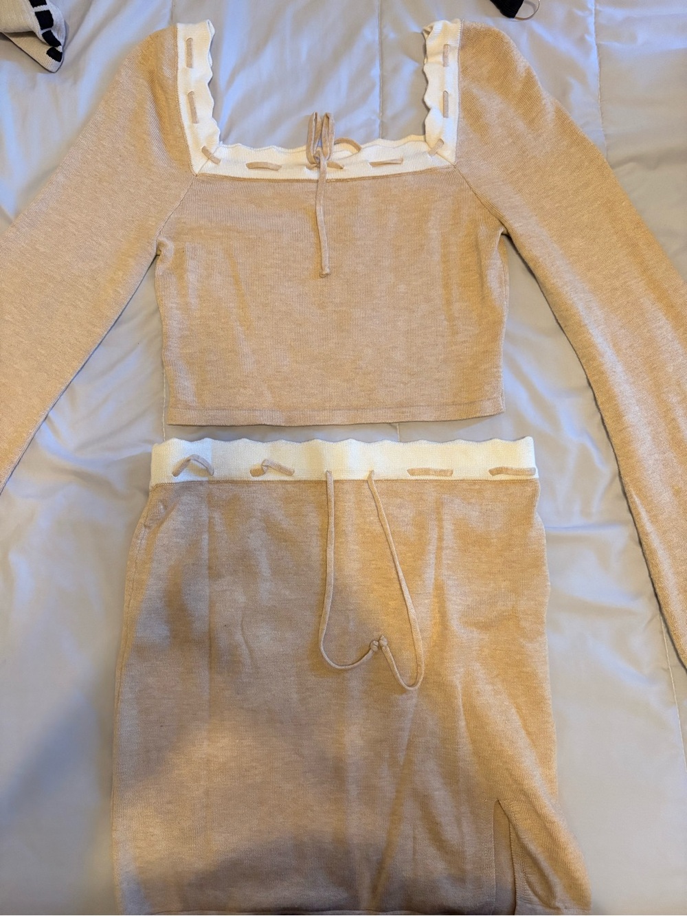 Beige Knit Long-Sleeve Crop Top & Skirt Set - Women Intimates & Sleepwear